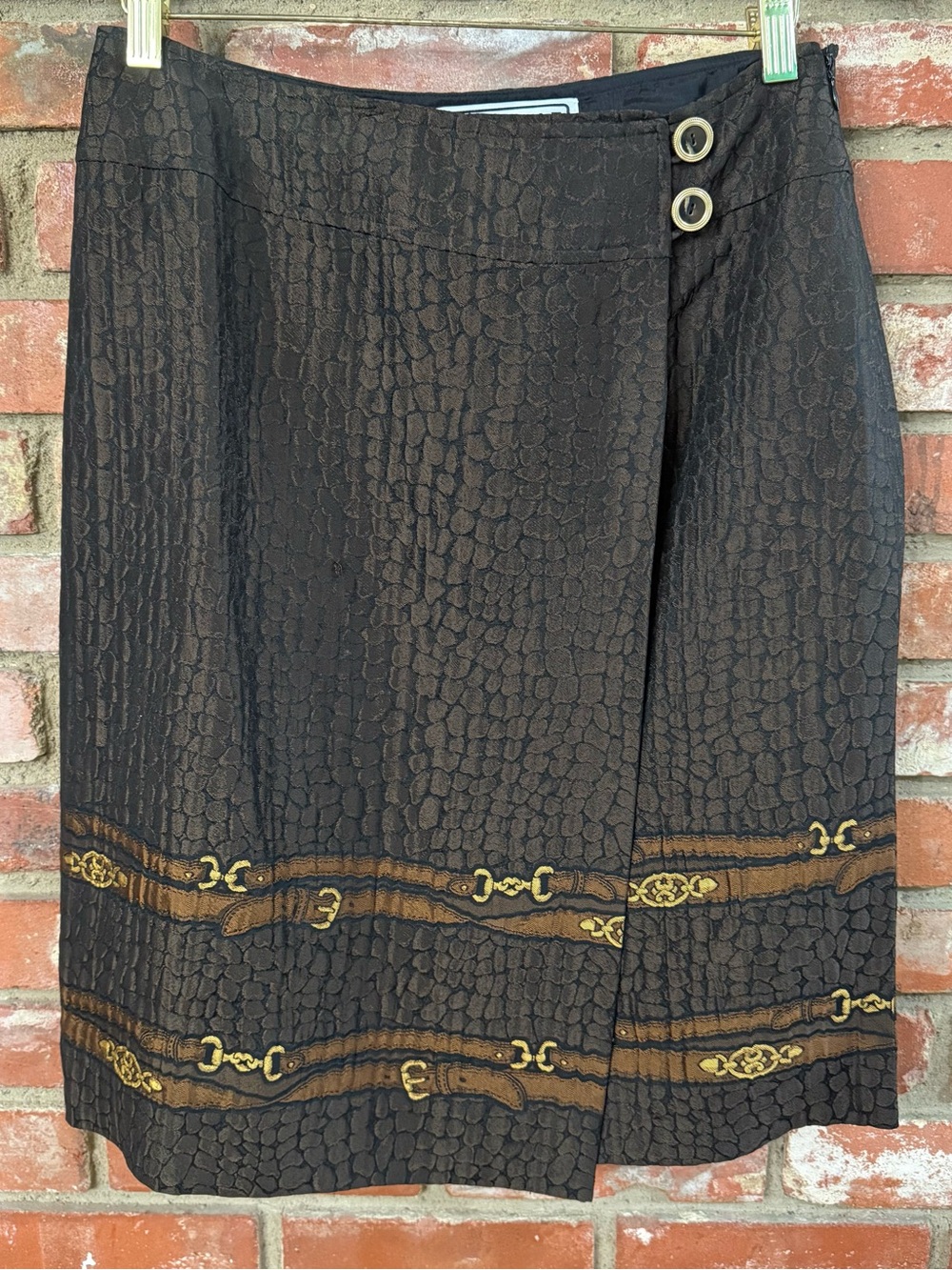 Carlisle Black Midi Wrap Skirt with Gold and Brown Trim